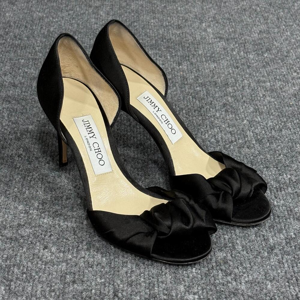 Jimmy Choo Shoes Womens 5.5 35.5 Black Satin D'Orsay Knotted Bow Heels Kitty 85